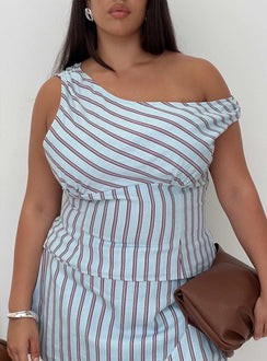 front view of model wearing Princess Polly Del Rio Off The Shoulder Top Blue / Maroon Curve Sleeveless Asymmetric Neckline 