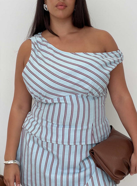 front view of model wearing Princess Polly Del Rio Off The Shoulder Top Blue / Maroon Curve Sleeveless Asymmetric Neckline 