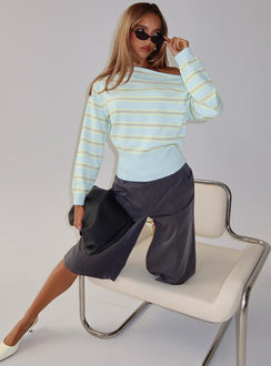 front view of model wearing Princess Polly Zinia Off Shoulder Knit Sweater Grey / Blue Stripe Cropped Jumpers 