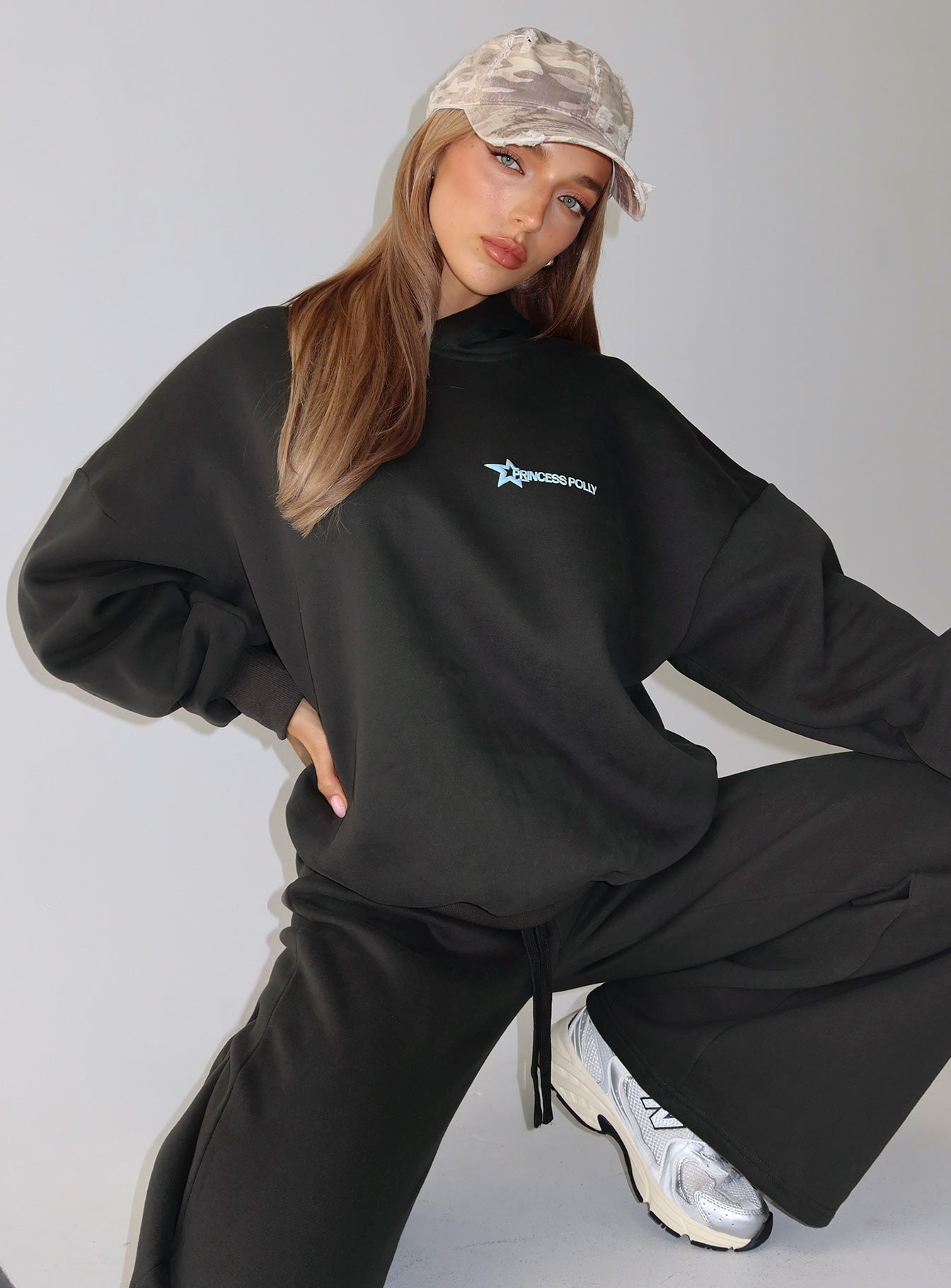 back view of model wearing Princess Polly Princess Polly Stargirl Hoodie Charcoal Longline Jumpers Jumpers 