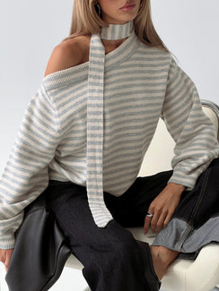 front view of model wearing Princess Polly Ruthi Scarf Off Shoulder Knit Sweater Neutral Stripe 