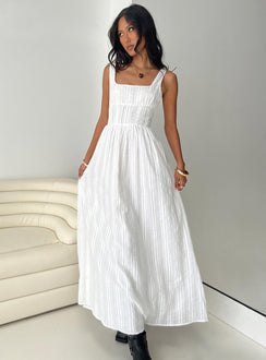 side view of model wearing Princess Polly Lorinda Maxi Dress White Lower Impact Square Neck 