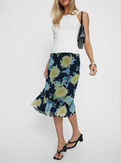 back view of model wearing Princess Polly Tarla Midi Skirt Crystal Black Flower Midi Skirts 