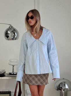 back view of model wearing Princess Polly Calistoga Deep Collar Shirt Blue Full Sleeves V-Neck 