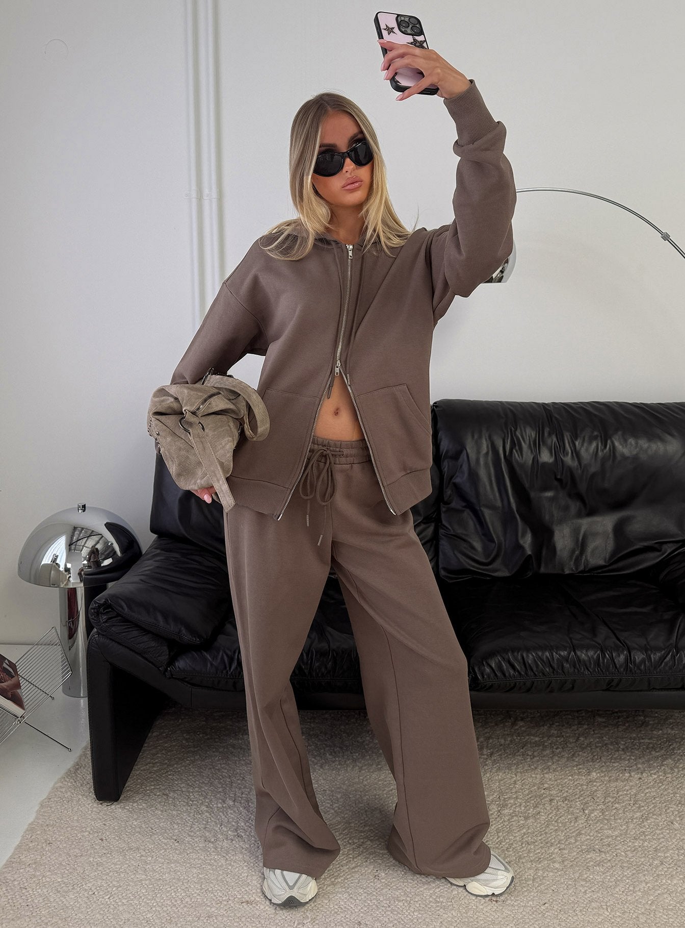 front view of model wearing Princess Polly All Day Straight Leg Sweatpants Mocha Mid Rise Pants 