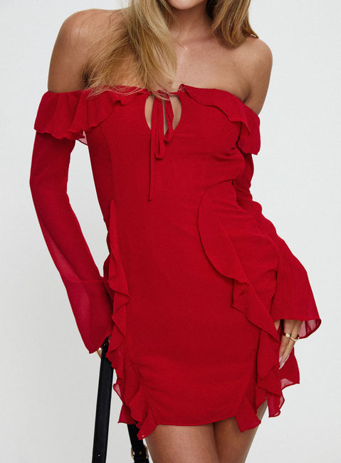 front view of model wearing Princess Polly Mollins Long Sleeve Mini Dress Red Straight Neck 