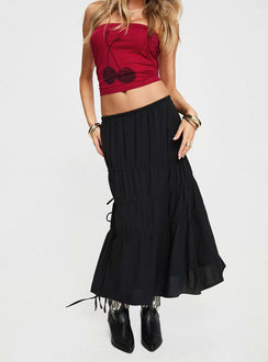back view of model wearing Princess Polly Perky Maxi Skirt Black Maxi Skirts Skirts 