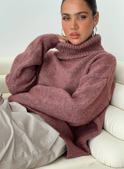 back view of model wearing Princess Polly Oswin Turtleneck Sweater Burgundy Jumpers 