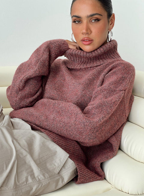 back view of model wearing Princess Polly Oswin Turtleneck Sweater Burgundy Jumpers 