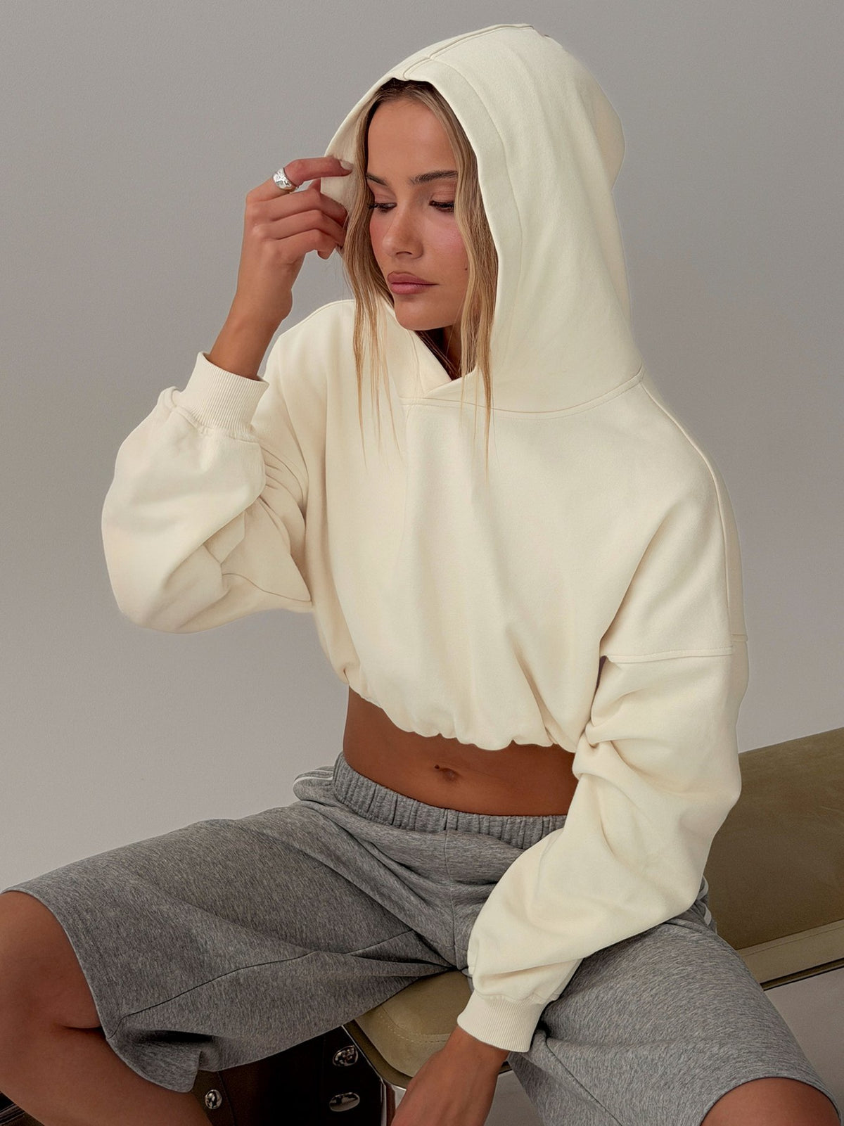 Mayse Bubble Hem Cropped Hoodie Cream
