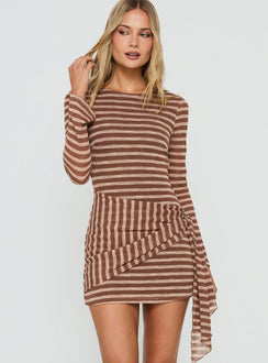Avenor Long Sleeve Tie Detail Mini Dress Brown / Yellow Stripe