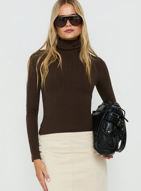 Enisa High Neck Long Sleeve Top Brown
