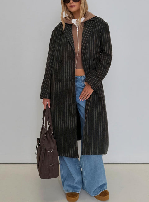 Olimpea Longline Trench Coat Black Pinstripe
