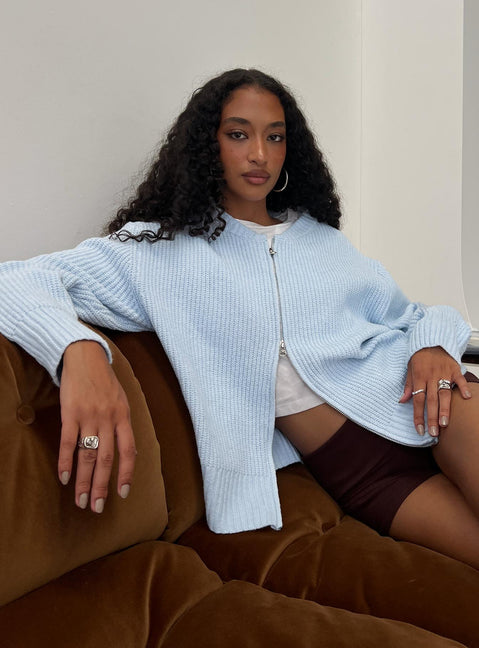 back view of model wearing Princess Polly Lexene Zip Through Jumper Baby Blue Longline Jumpers 