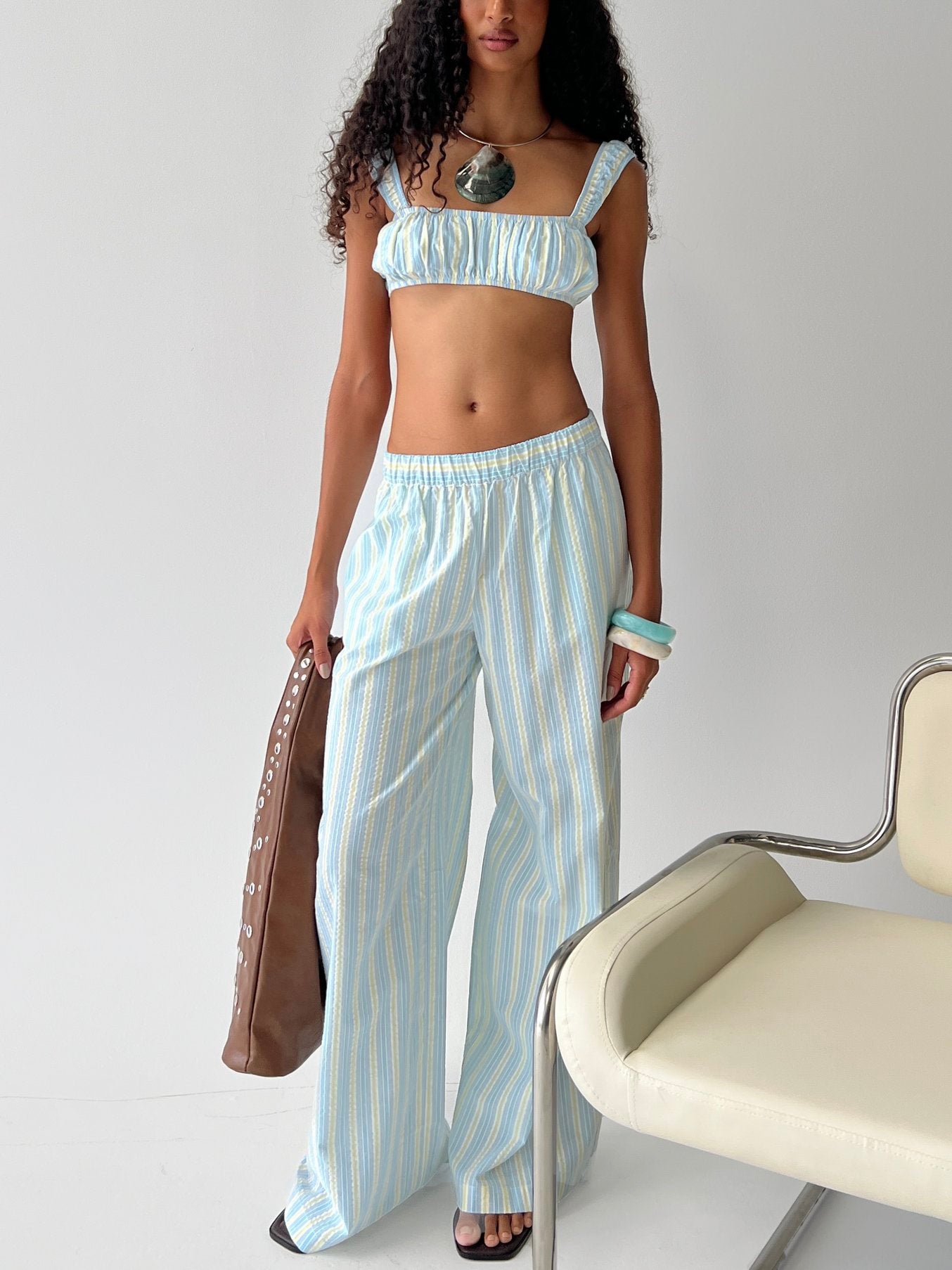 front view of model wearing Princess Polly Talyssa Elasticated Waist Pants Blue Stripe Mid Rise Pants Pants 