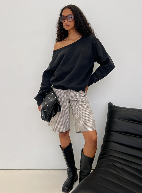 front view of model wearing Princess Polly Wellness Off the Shoulder Jumper Washed Black Longline Jumpers 