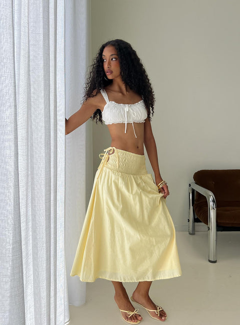 back view of model wearing Princess Polly Vence Ruched Maxi Skirt Lemon Yellow Maxi Skirts 