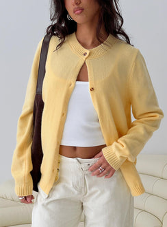 front view of model wearing Princess Polly Arica Button Up Knit Cardigan Lemon Longline Jumpers 