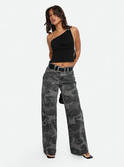 side view of model wearing Princess Polly Big Talk Mid Rise Straight Leg Jeans Grey Washed Camo Mid Rise Jeans Jeans 
