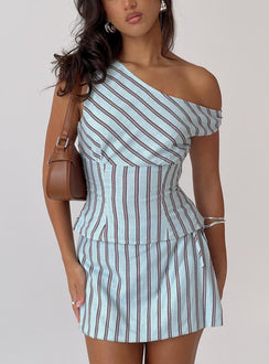 side view of model wearing Princess Polly Del Rio Off The Shoulder Top Blue / Maroon Short Sleeves Asymmetric Neckline 