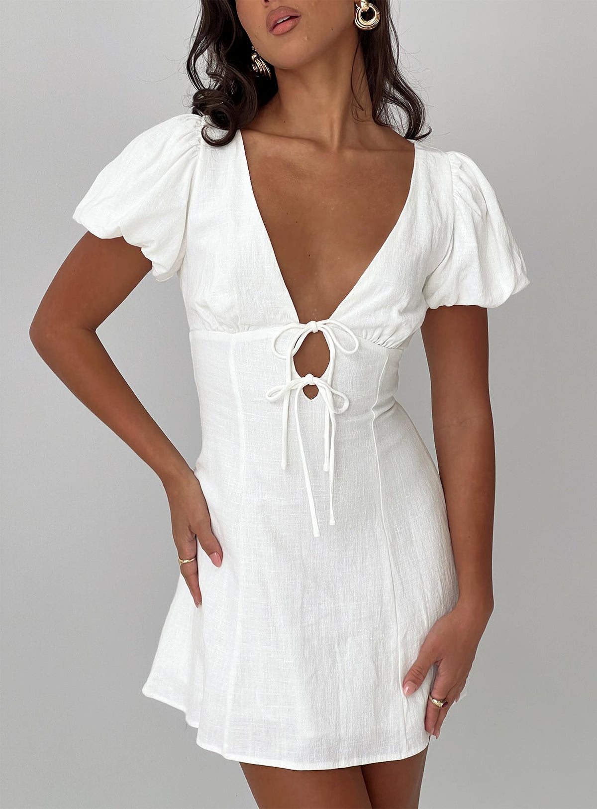 front view of model wearing Princess Polly Beloved Puff Sleeve Linen Blend Mini Dress White Plunger 