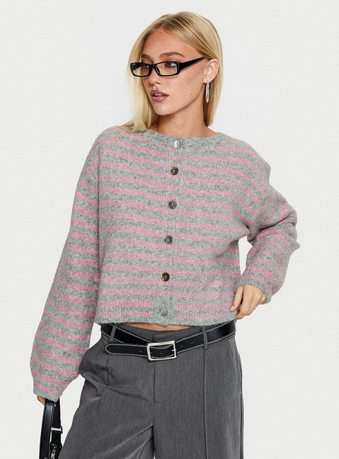 front view of model wearing Princess Polly Raynna Button Up Cardigan Pink / Grey Stripe Cropped Jumpers Jumpers 