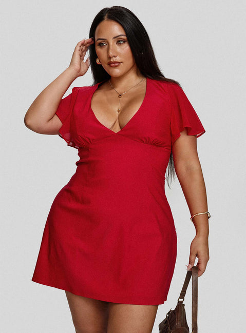 front view of model wearing Princess Polly Florie Corset Mini Dress Red Curve Plunger 