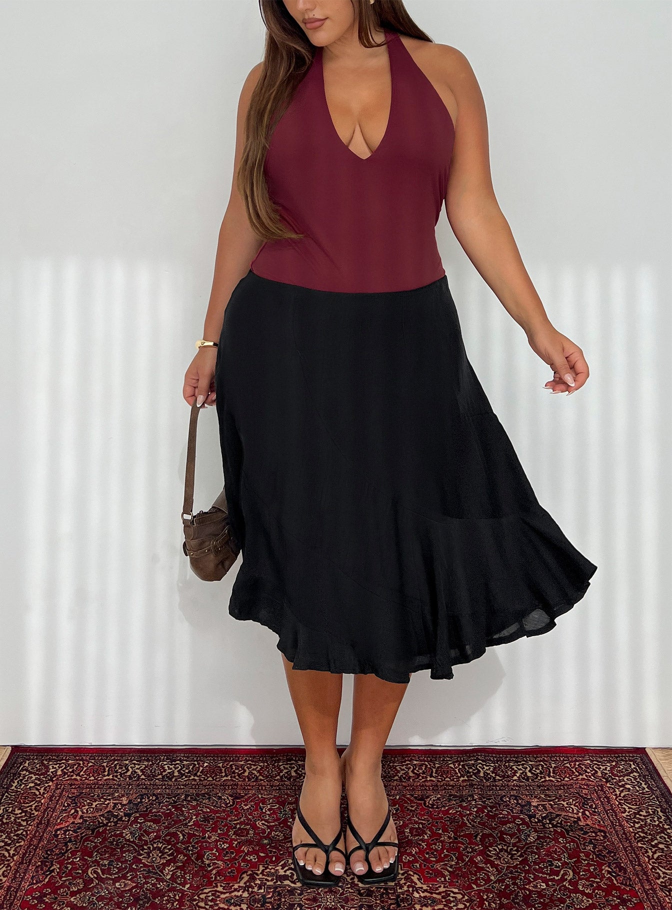   front view of model wearing Princess Polly With Kindness Midi Skirt Black Curve Midi Skirts 