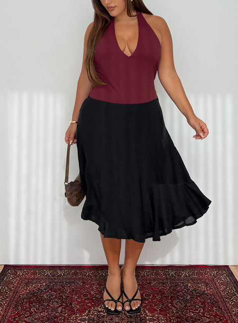   front view of model wearing Princess Polly With Kindness Midi Skirt Black Curve Midi Skirts 