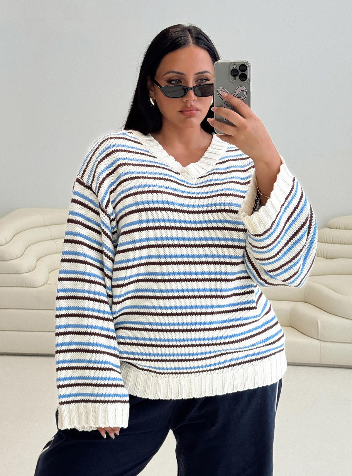 back view of model wearing Princess Polly Karolyn Sweater Blue Stripe Curve 