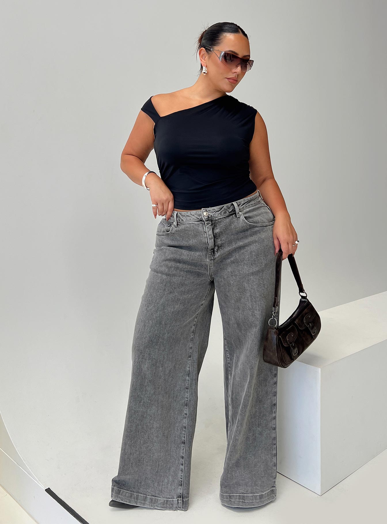 front view of model wearing Princess Polly Wolfie High Rise Wide Leg Slouchy Jeans Steel Curve High Rise Jeans Jeans 