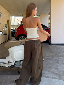 Showcasing Lunea Concealed Waistband Cargo Pants Brown in womens-regular-pants with mid-rise back view of model wearing