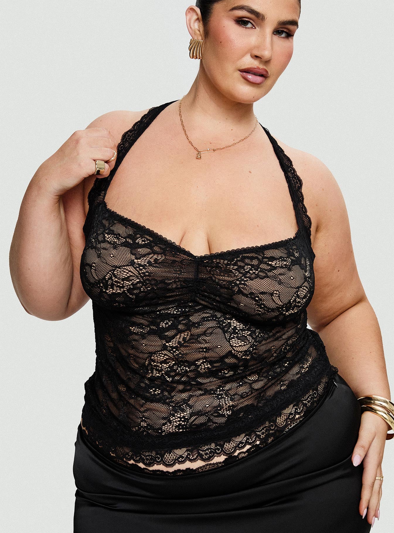 front view of model wearing Princess Polly Fantasize Lace Halter Top Black Curve Sleeveless Sweetheart 