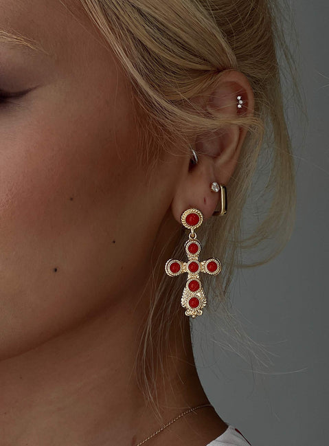Oakwood Cross Earrings Gold / Red