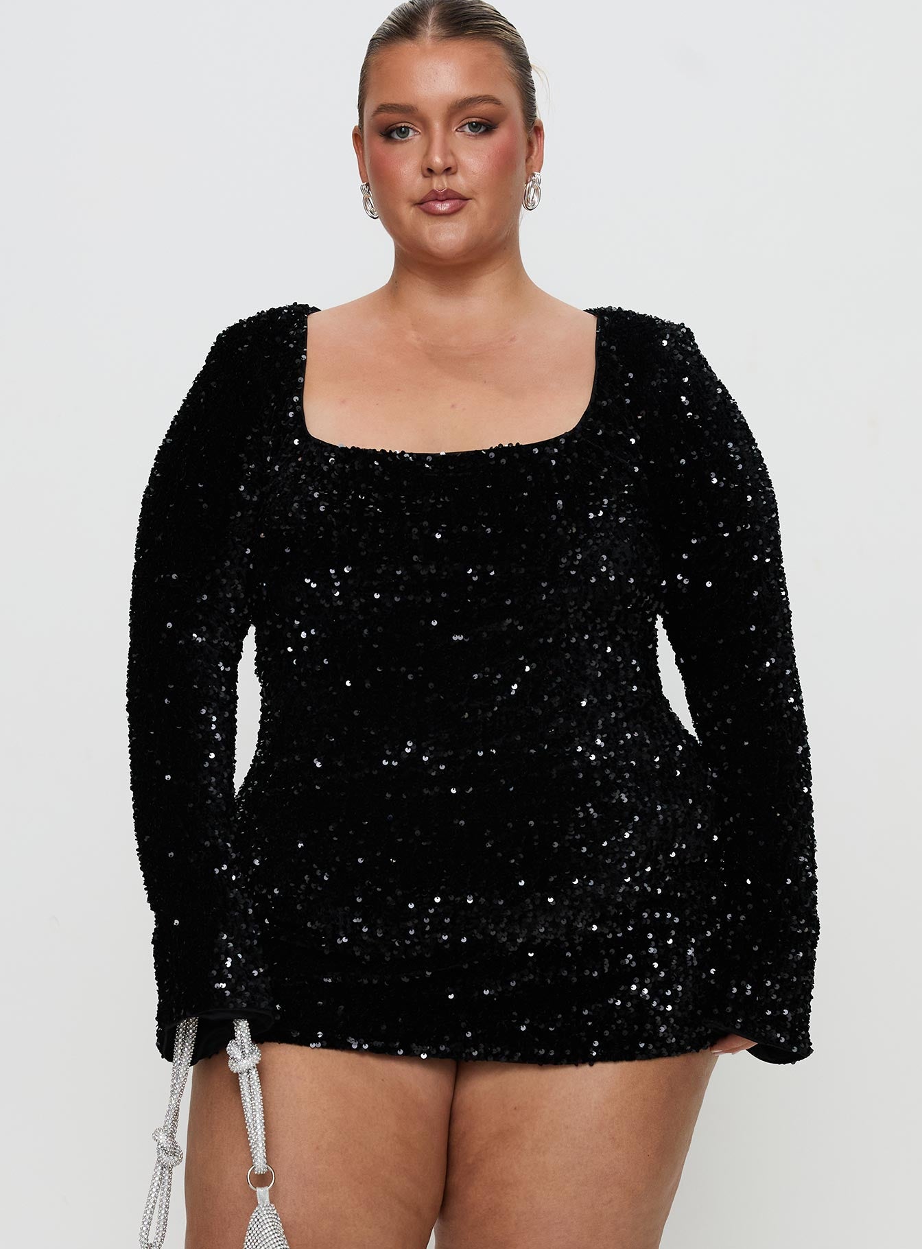 front view of model wearing Princess Polly Vinelle Long Sleeve Mini Dress Black Curve Square Neck 