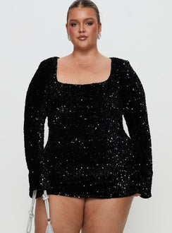 front view of model wearing Princess Polly Vinelle Long Sleeve Mini Dress Black Curve Square Neck 