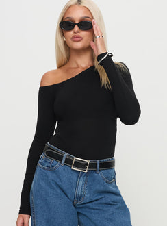 front view of model wearing Princess Polly Miyako Long Sleeve Bodysuit Black Long Sleeve Tops 
