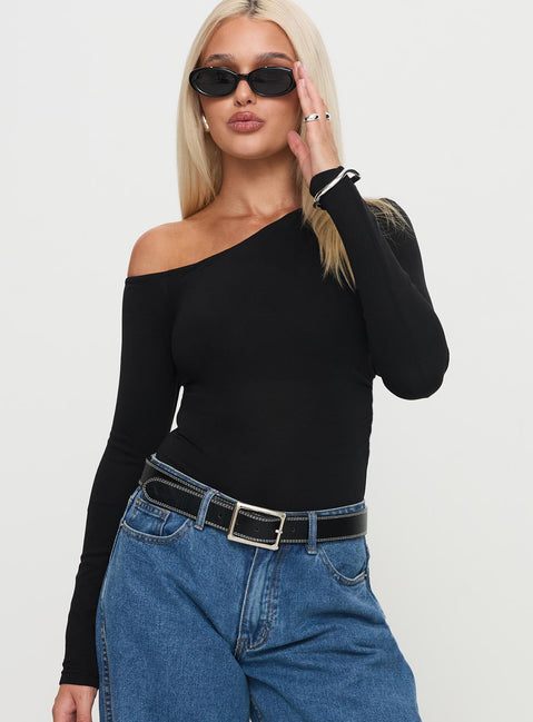 front view of model wearing Princess Polly Miyako Long Sleeve Bodysuit Black Long Sleeve Tops 