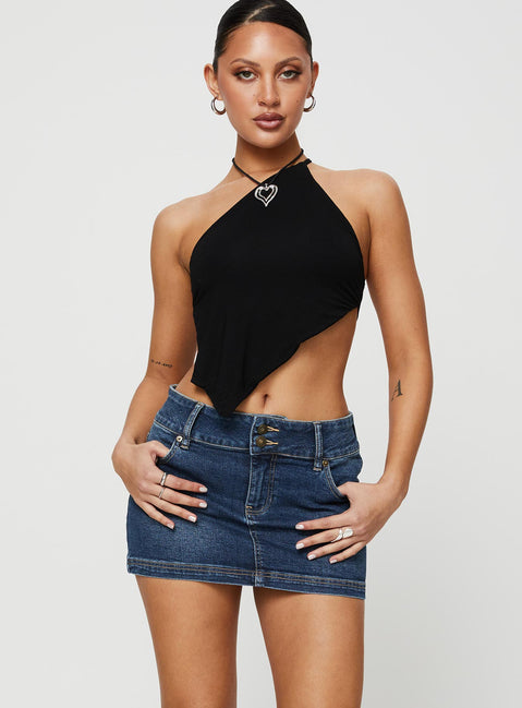   front view of model wearing Princess Polly Faya Low Rise Mini Denim Skirt Vintage Dark Wash Tall Mini Skirts 