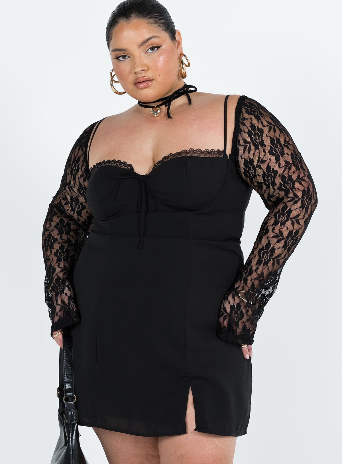 product Princess Polly High Neck  Ashwood Lace Sleeve Mini Dress Black Curve