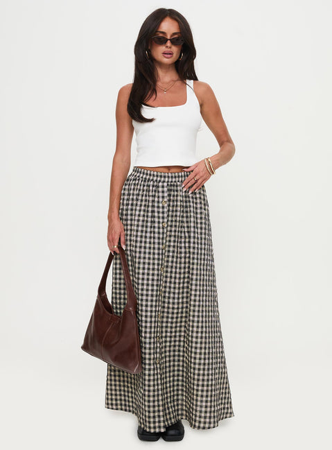   front view of model wearing Princess Polly Cartmel Check Maxi Skirt Black / Cream Maxi Skirts Skirts 
