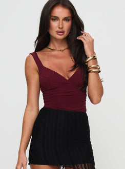 front view of model wearing Princess Polly Morgane Mesh Bodysuit Burgundy Sleeveless 