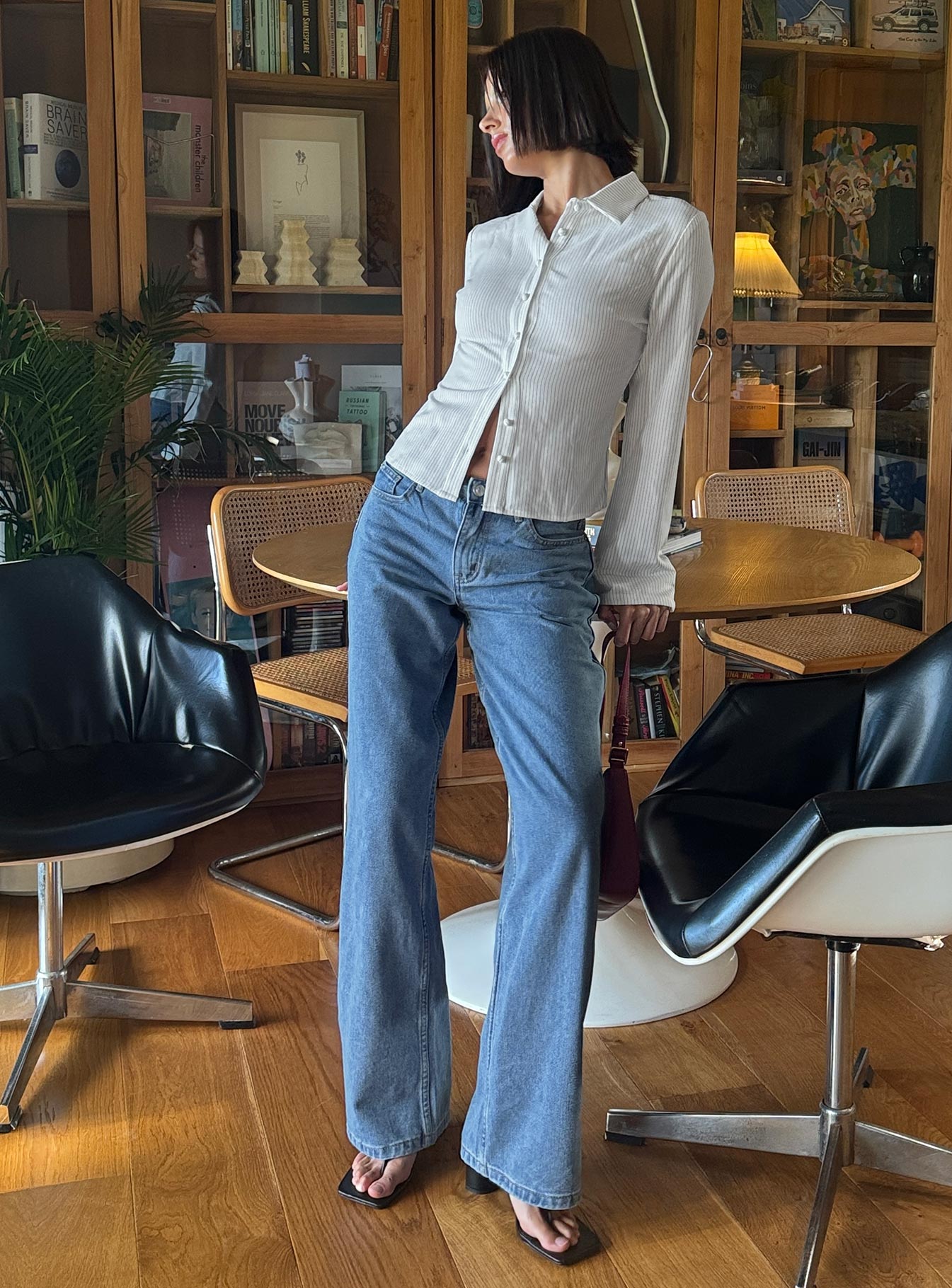 back view of model wearing Princess Polly Maryanne Mid-rise Relaxed Denim Jeans Mid Wash Denim Tall Mid Rise 