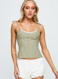 front view of model wearing Princess Polly Dalanie Tie Strap Top Green Check Sleeveless Scoop Neck 