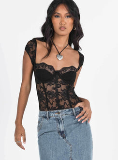 front view of model wearing Princess Polly Cadrot Lace Bodysuit Black Short Sleeve 