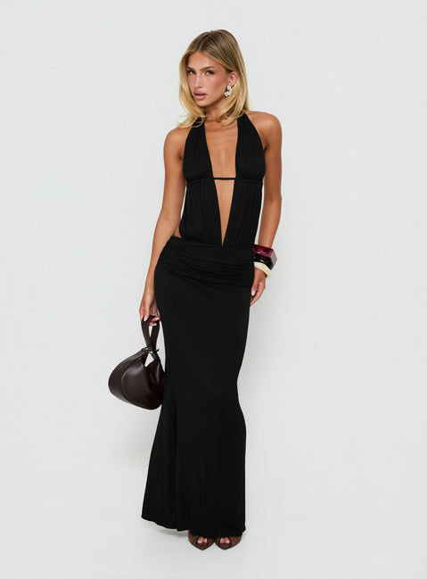 Makeina Backless Plunge Jersey Maxi Dress Black