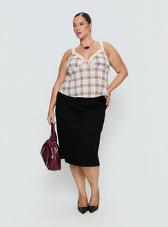 back view of model wearing Princess Polly Baseline Rib Midi Skirt Black Curve Midi Skirts 