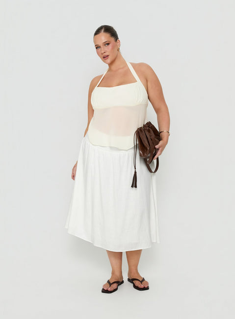 Showcasing the Heart Of Gold Linen Blend Midi Skirt White Curve in womens-skirts with midi length side view of model wearing Princess Polly