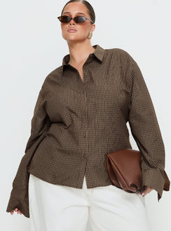 Xinia Tie Waist Long Sleeve Shirt Brown Check Curve
