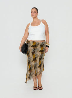 Designed with the Suella Asymmetrical Midi Skirt Animal Multi Curve in womens-skirts featuring fitted silhouette and frayed hem in animal-leopard print Princess Polly